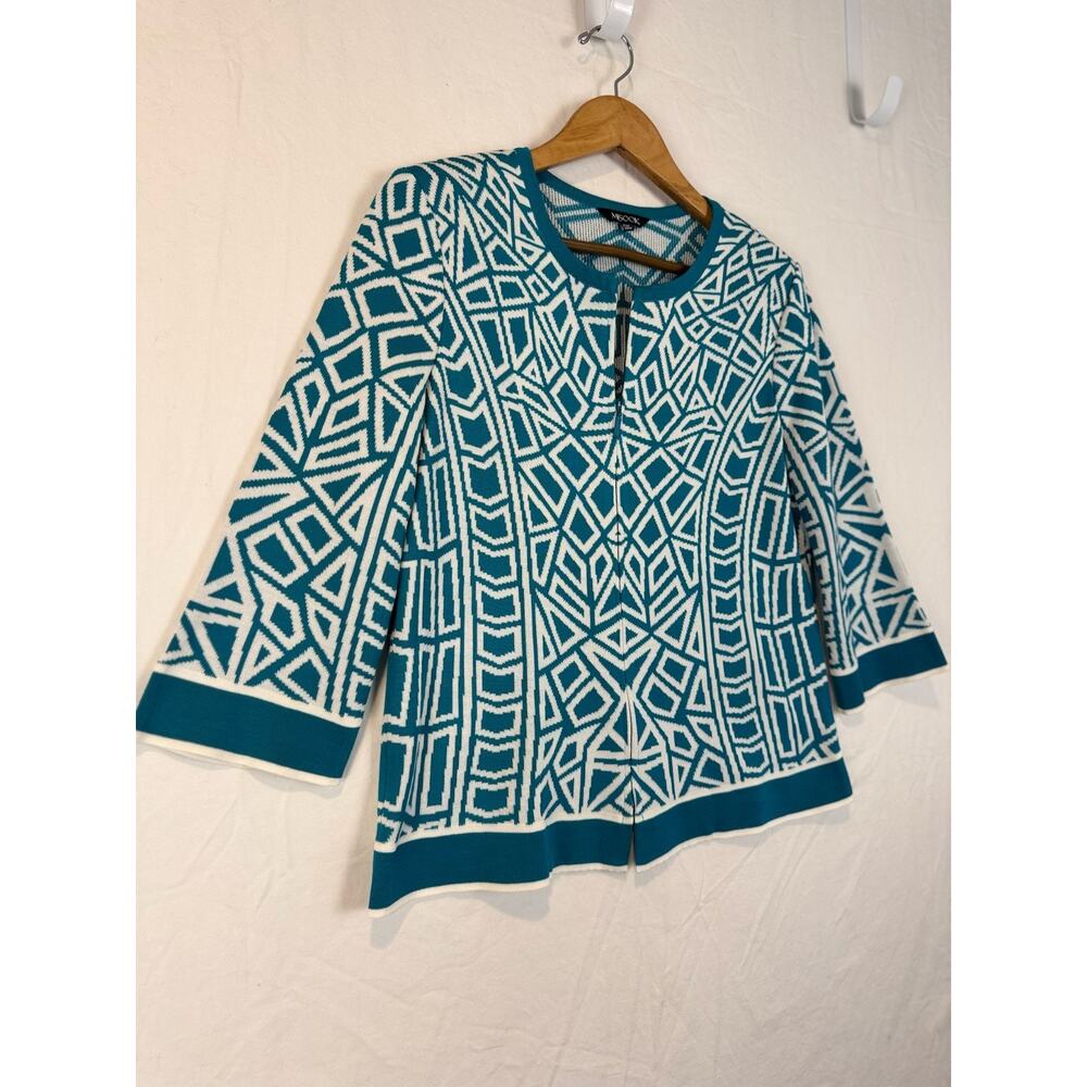 Misook Cardigan Sweater Womens Petite Medium‎ PM Geometric Teal Zip Up Knit - Picture 2 of 5